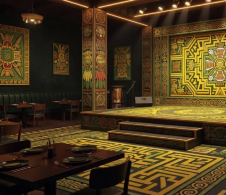 Centralna scena wydarzeń w restauracji Veleoniras z aztecką oprawą świetlną