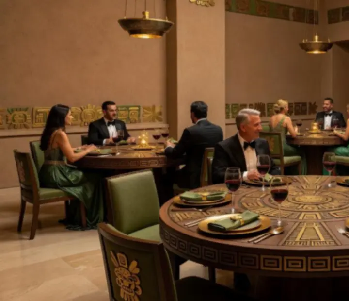 Aztecka, nastrojowa sala restauracyjna z dekoracjami w złocie i zieleni podczas wieczoru w Veleoniras