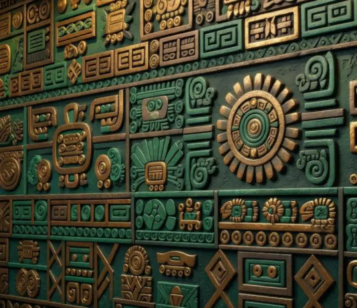 Ściana zdobiona geometrycznymi azteckimi ornamentami w złotych i zielonych odcieniach