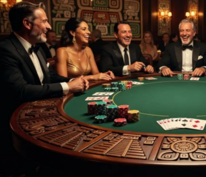Stół pokerowy z kartami i żetonami w azteckim klimacie Veleoniras