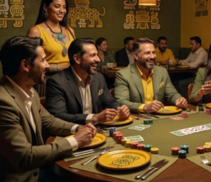 Grupa gości przy pokerowym stole w restauracji Veleoniras podczas wieczoru integracyjnego