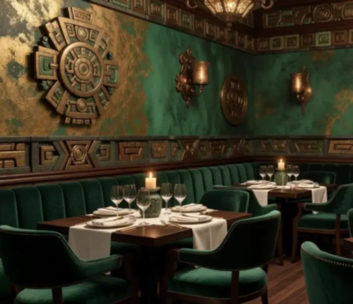 Azteckie wnętrze restauracji Veleoniras z geometrycznymi ornamentami i zielono-złotym oświetleniem