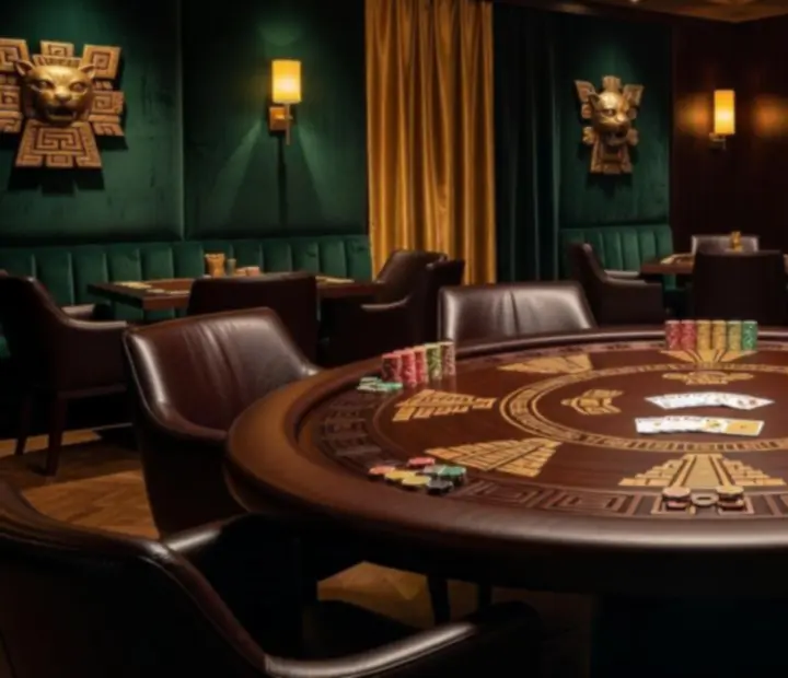 Aztecko inspirowany stół pokerowy w restauracji Veleoniras z zielonym suknem i złotymi detalami