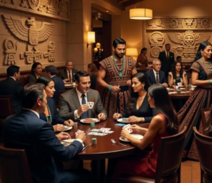 Atmosfera wieczoru casino offline w restauracji Veleoniras z zielono-złotym stołem i towarzyską grą