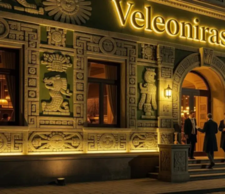 Elewacja restauracji Veleoniras nocą, podświetlona złoto-zielonym światłem