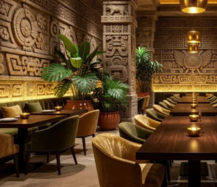 Wnętrze restauracji Veleoniras z azteckimi wzorami i złoto-zielonym oświetleniem